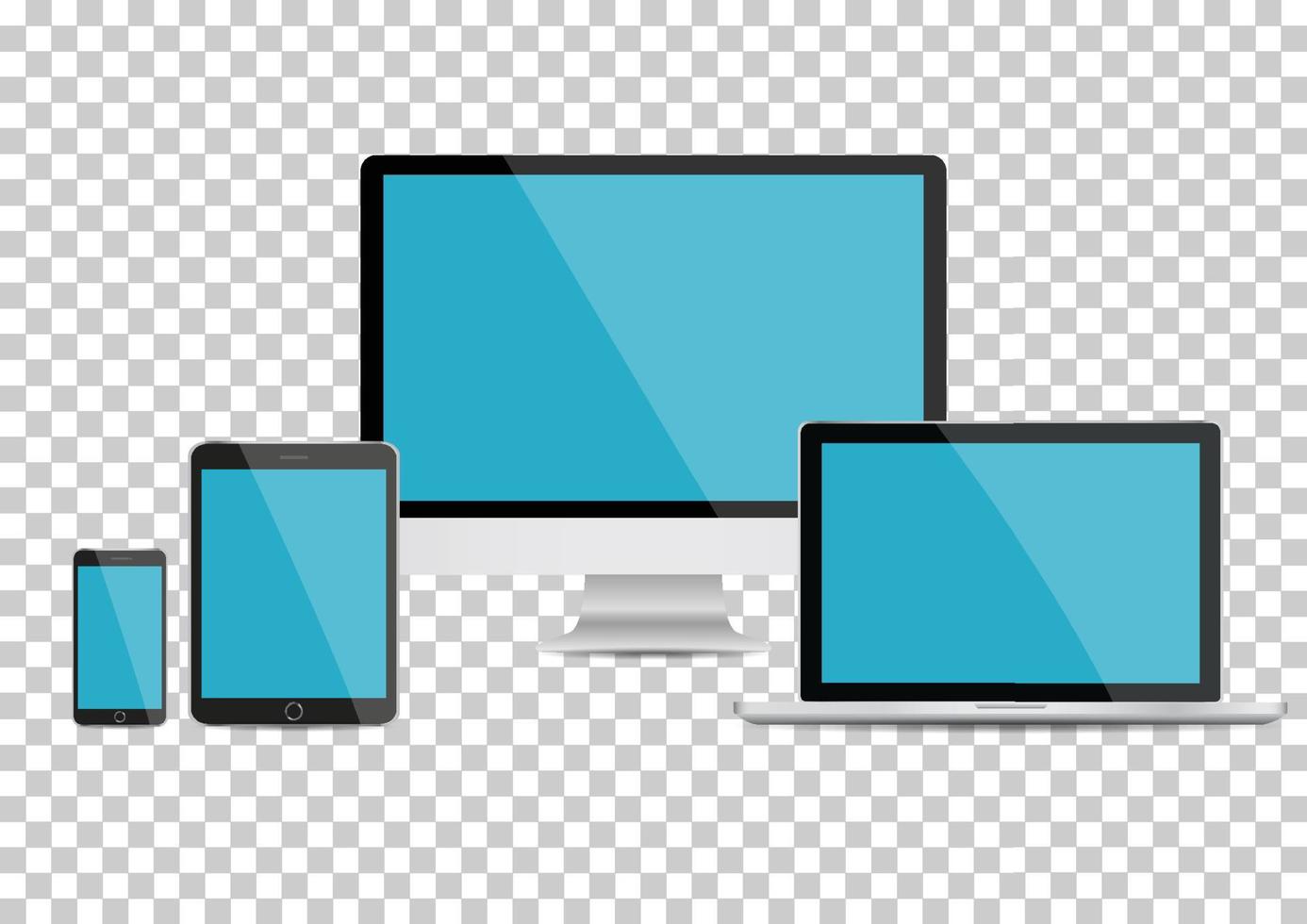 écran d'ordinateur réaliste, ordinateur portable, tablette et téléphone intelligent avec écran bleu isolé sur fond transparent. peut utiliser pour la présentation du projet de modèle. gadget électronique, ensemble de maquettes d'appareils. vecteur