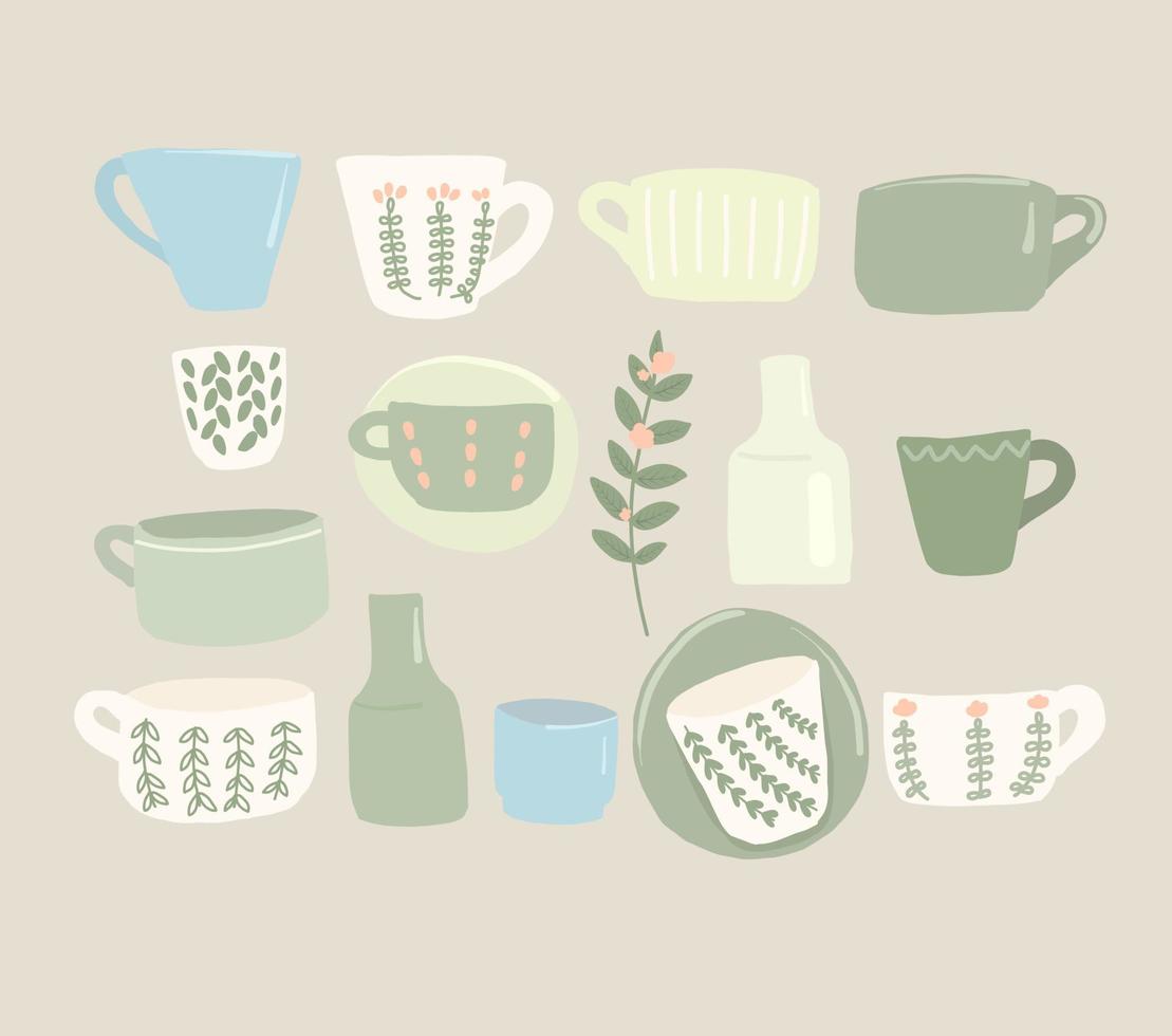 ensemble de tasses en céramique. tasses vertes et blanches avec des éléments floraux. vaisselle en céramique. vecteur