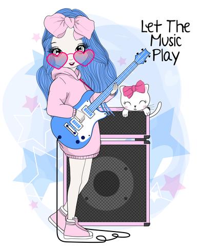 Main dessinée jolie fille jouant de la guitare électrique avec un chat vecteur