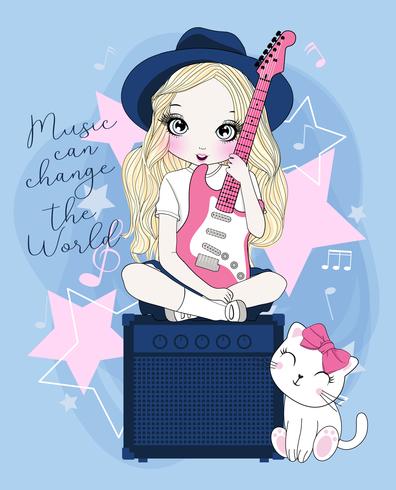 Main dessinée jolie fille assise sur un haut-parleur jouant de la guitare électrique avec un chat vecteur