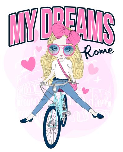 Main dessinée jolie fille faire du vélo à Rome vecteur