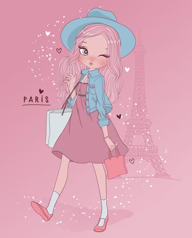 Main dessinée jolie fille à Paris avec des sacs à provisions et de la typographie vecteur