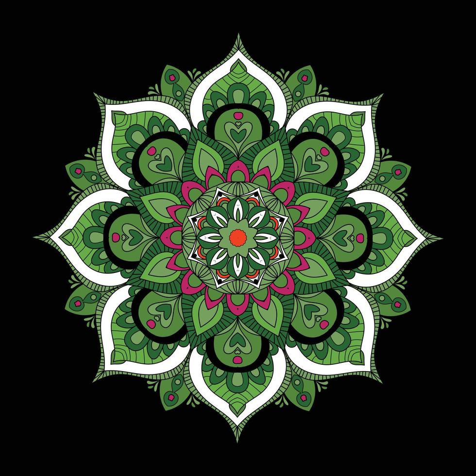 conception de mandala floral tropical sur fond sombre comprenant des feuilles et des fleurs en vert, rose, rouge, noir, blanc vecteur