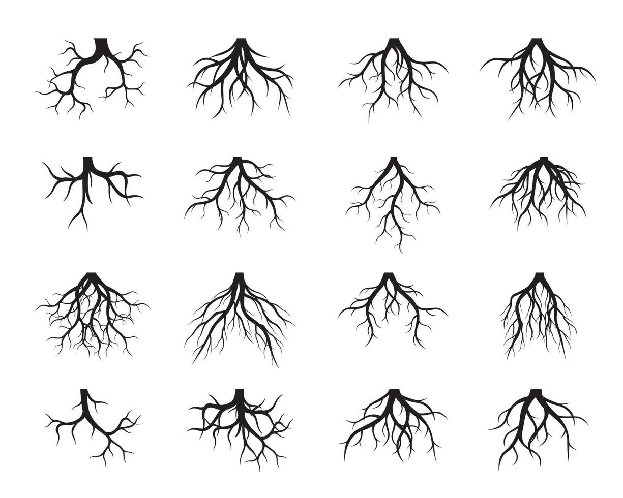 ensemble de racines d'arbres noirs. illustration de contour de vecteur et image de la nature.
