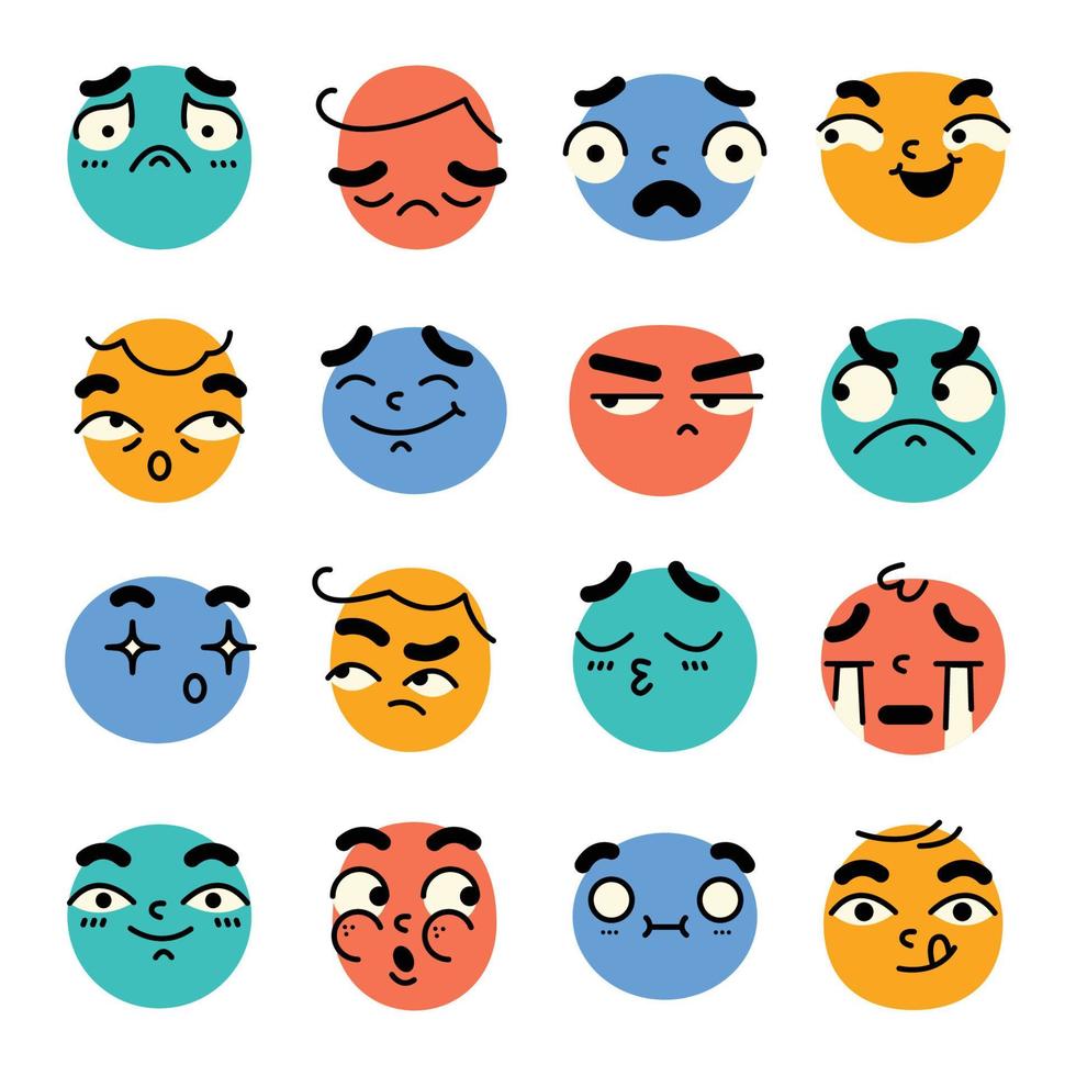 dessin animé mignon et drôle expressions faciales doodle émoticône dessinés à la main illustration vectorielle isolée vecteur