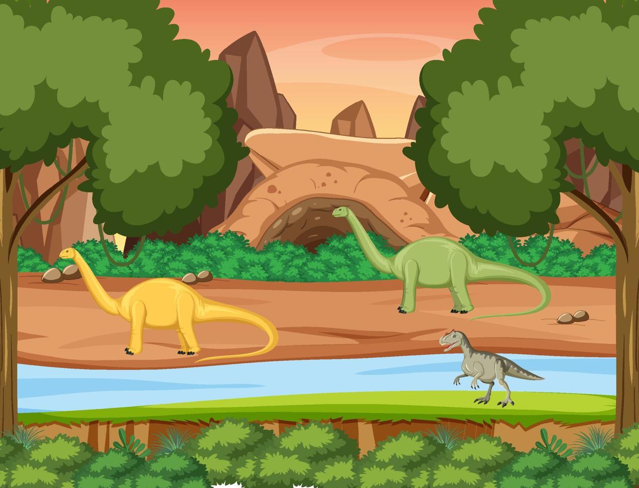 scène de la nature avec des arbres sur les montagnes avec dinosaure vecteur