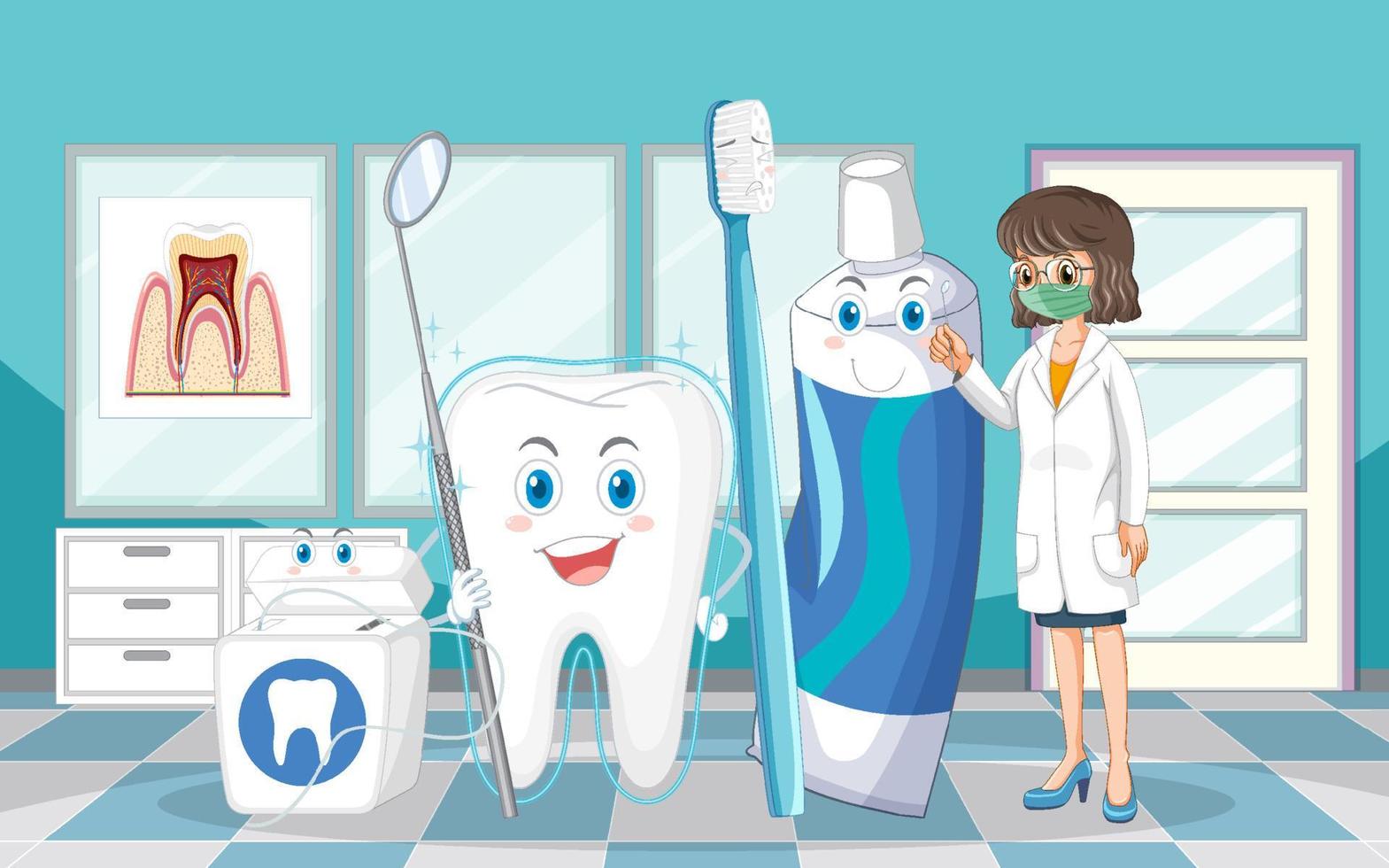 dentiste et équipement de nettoyage dentaire en clinique vecteur