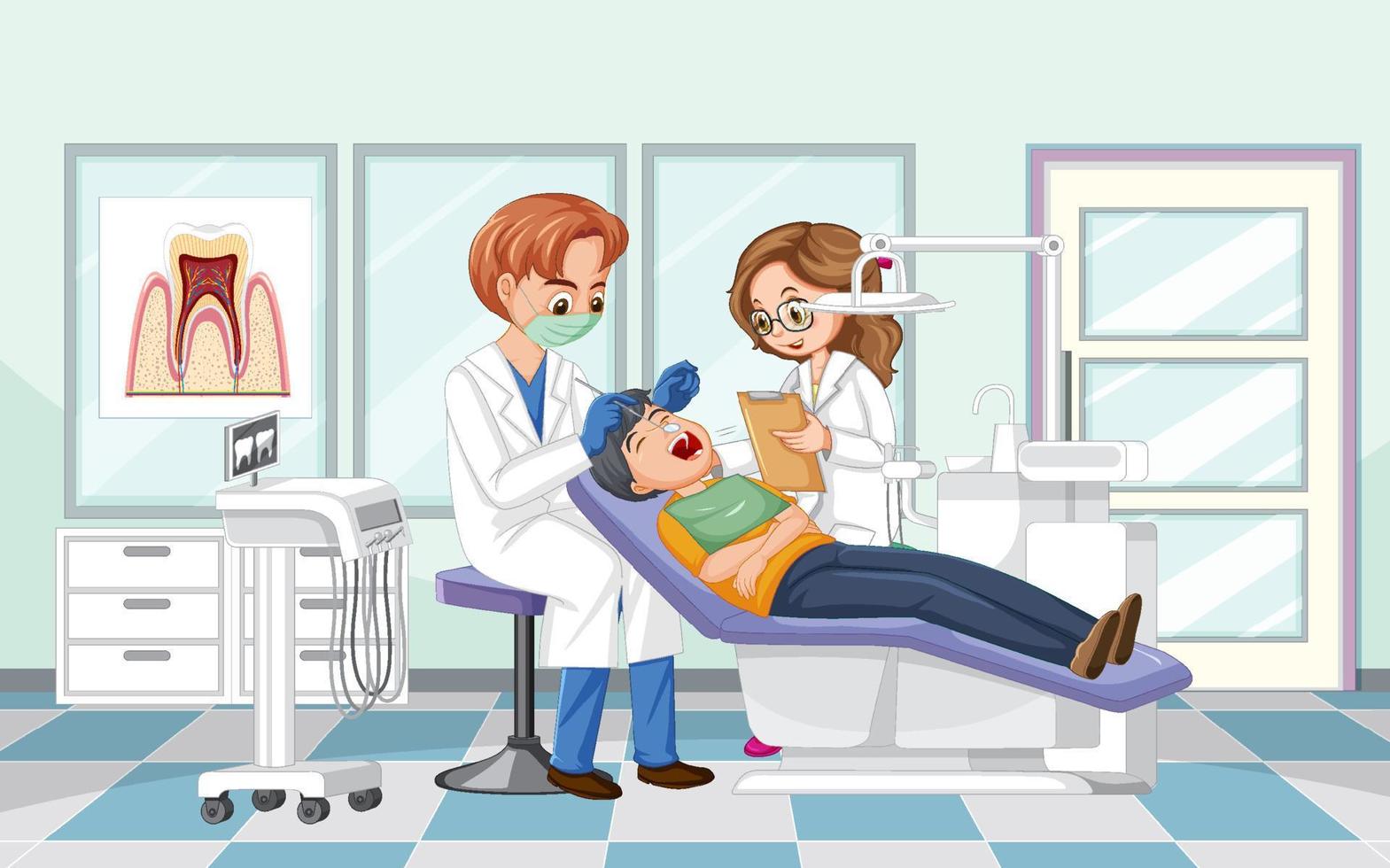 Dentiste homme examinant les dents du patient en clinique vecteur