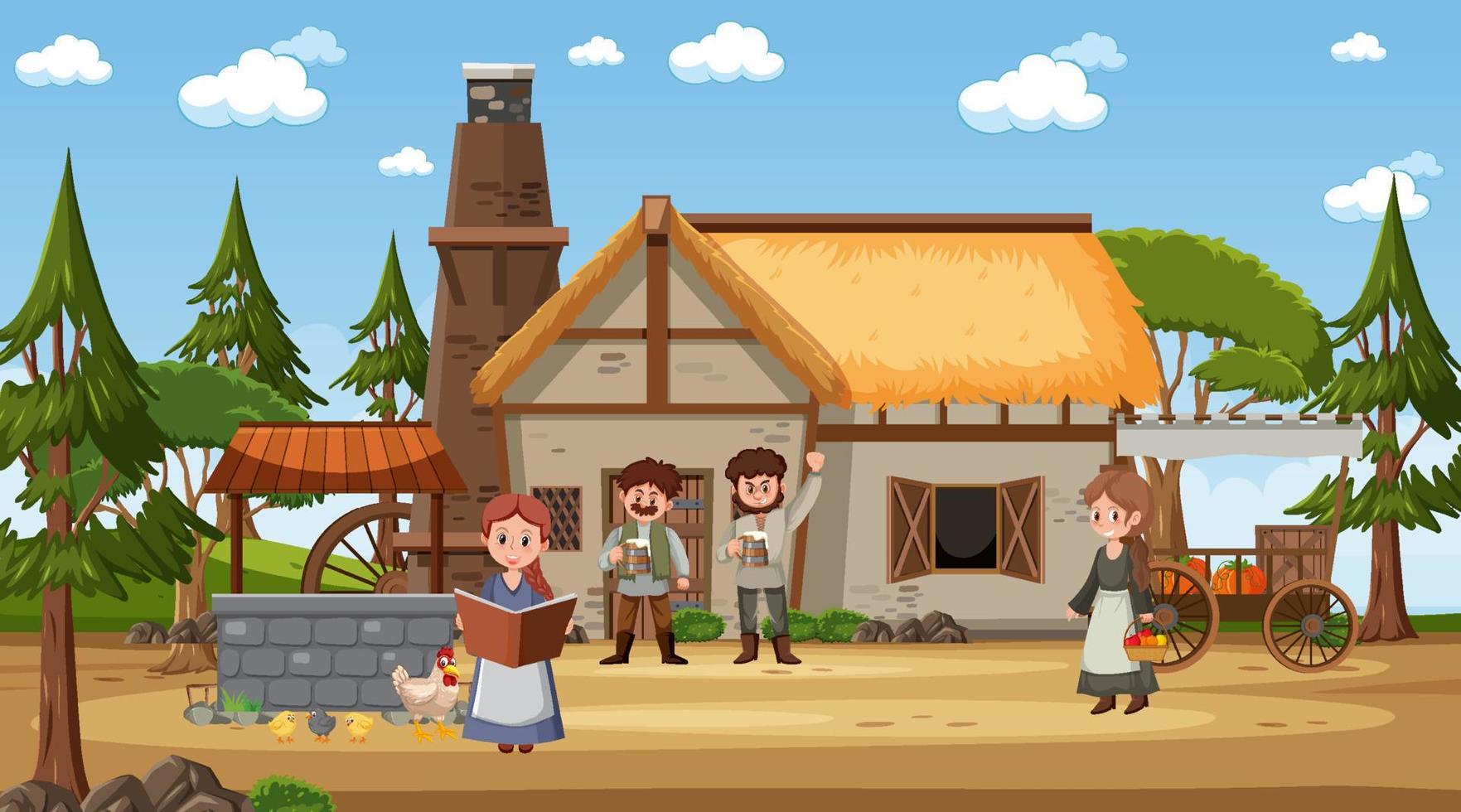 scène de ville médiévale avec des villageois vecteur