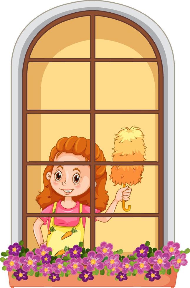 vue par la fenêtre d'une femme qui nettoie la maison vecteur
