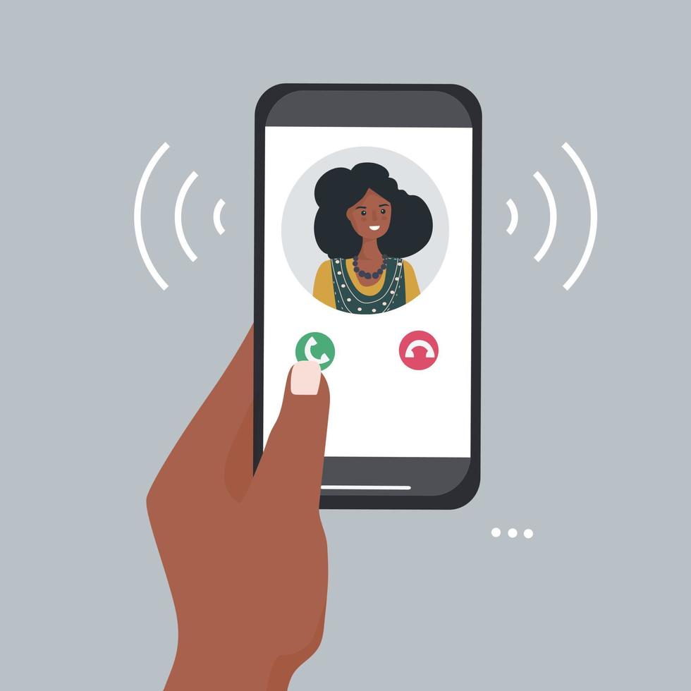 une main tient un smartphone avec un appel entrant. portrait d'une personne à partir de contacts sur l'écran du téléphone. applications mobiles et technologie Internet vecteur