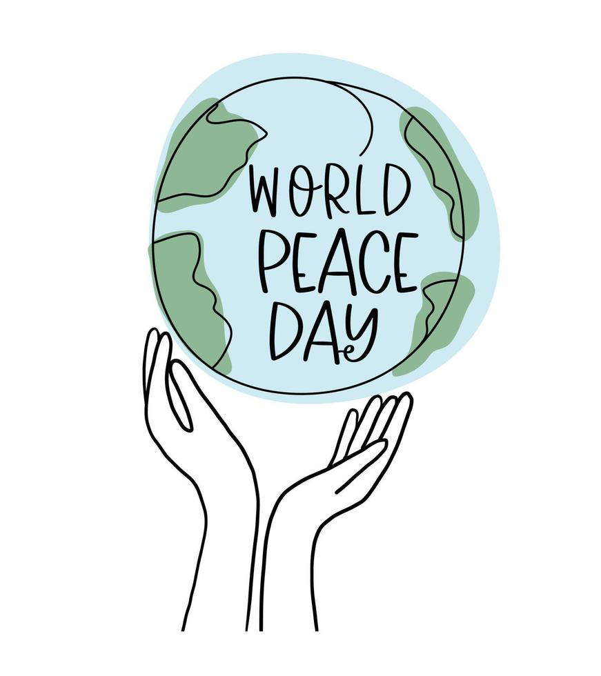 les mains tiennent et protègent la planète terre. le jour de la paix dans le monde. croquis de ligne dessiné à la main. symbole d'espoir, emblème contre la violence et les conflits militaires. vecteur