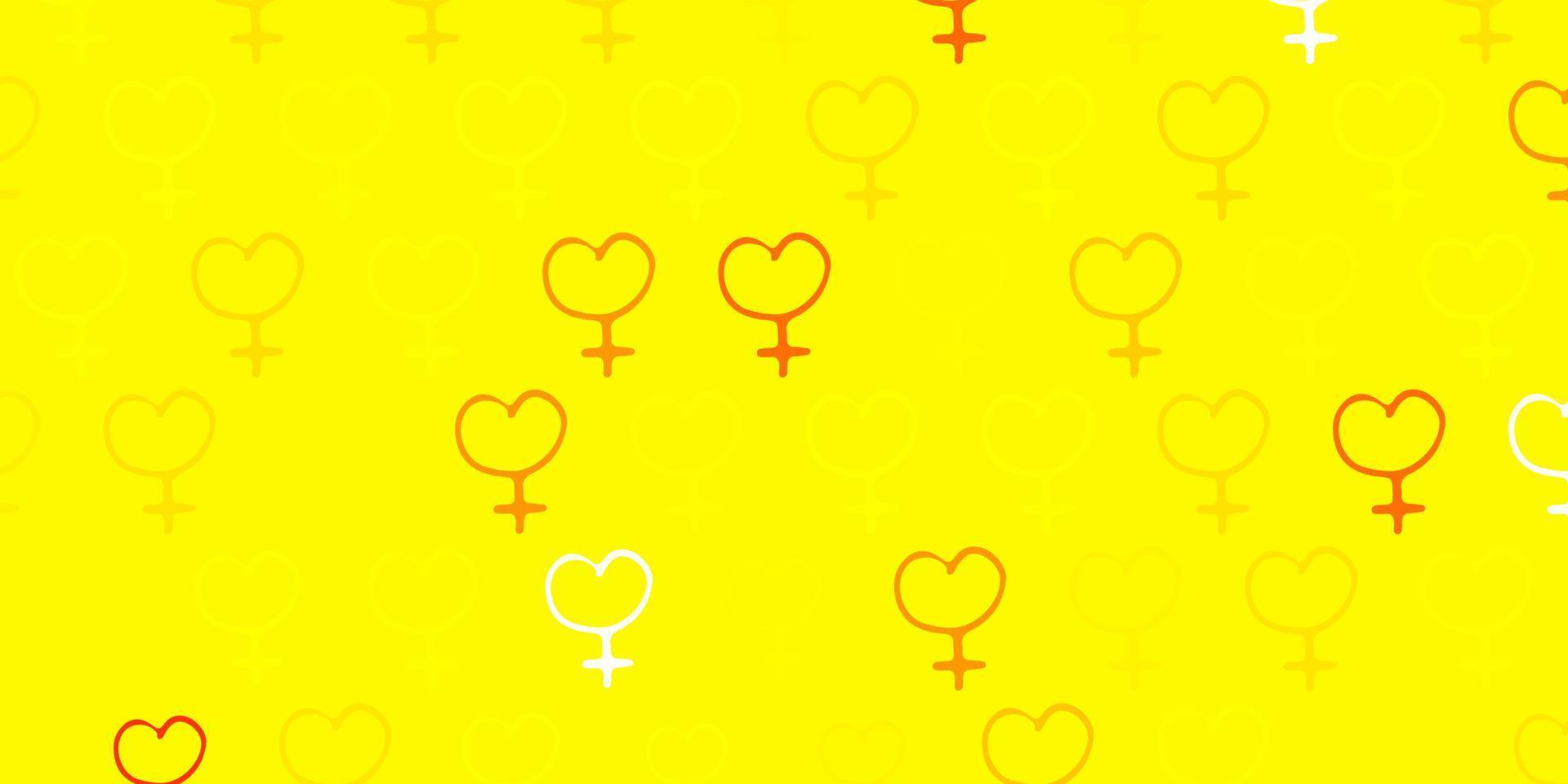 toile de fond de vecteur jaune clair avec des symboles de puissance des femmes.