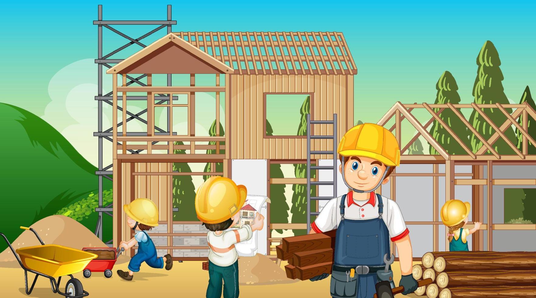 chantier de construction de maison et ouvriers vecteur