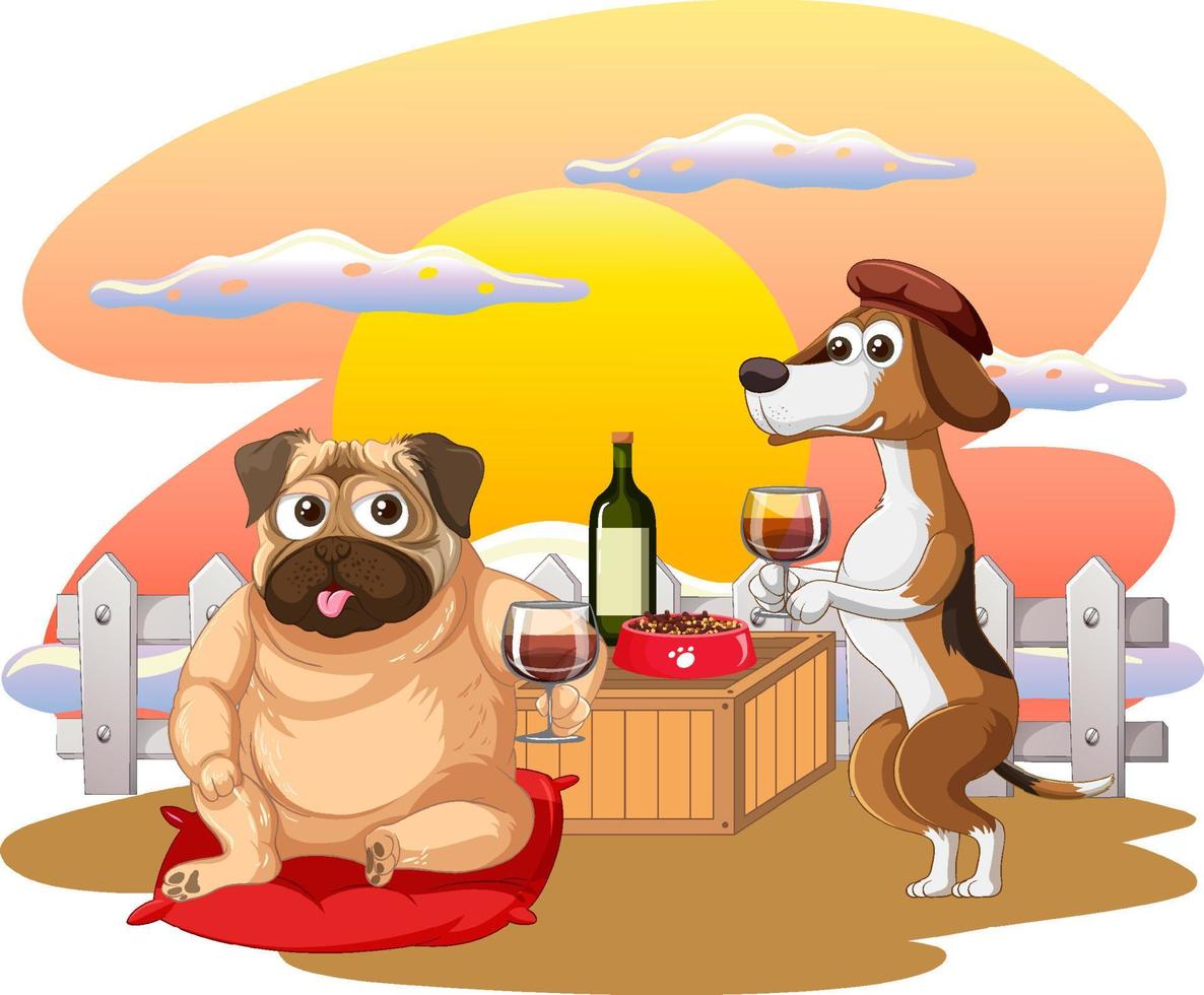 chiens domestiques de dessin animé en sirotant du vin vecteur