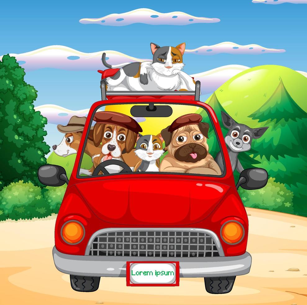 chiens et chats de dessin animé en voyage sur la route vecteur