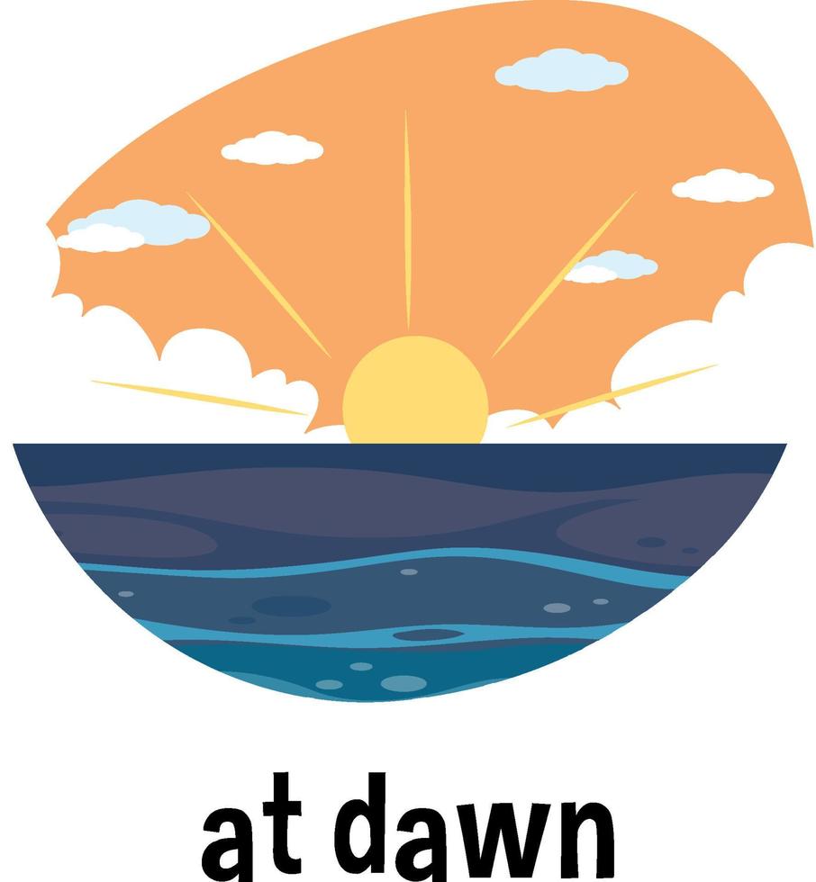 prépositions de temps en anglais avec scène de l'aube vecteur