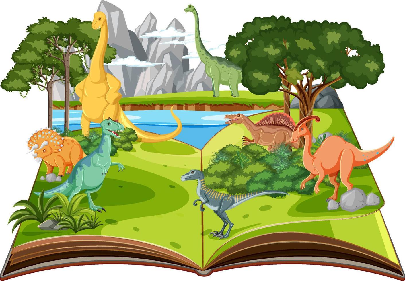 livre pop-up avec scène de nature en plein air et dinosaure vecteur