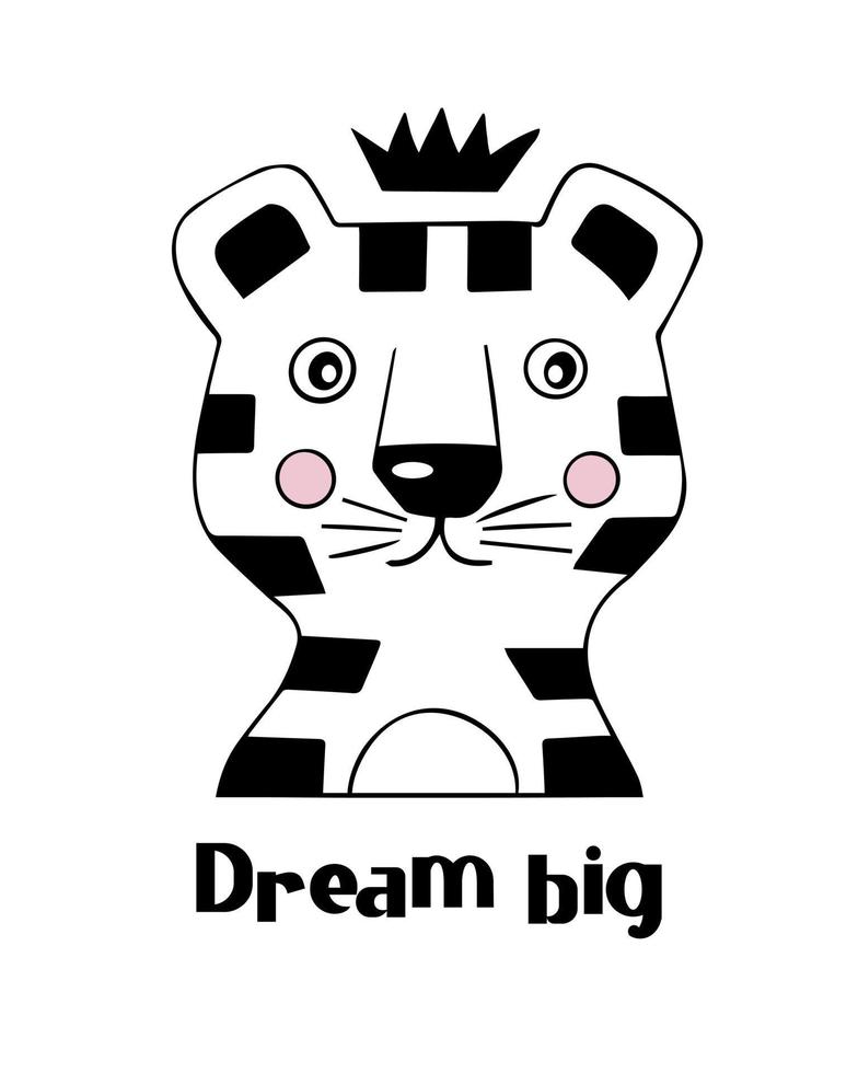 affiche graphique dessinée à la main avec un joli tigre rayé pour la décoration de la chambre des enfants. lettrage de motivation. vecteur