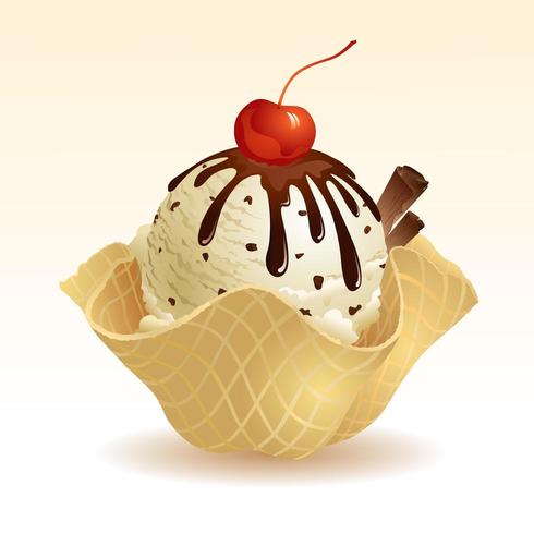 Crème glacée aux pépites de chocolat vanille avec panier à gaufres vecteur