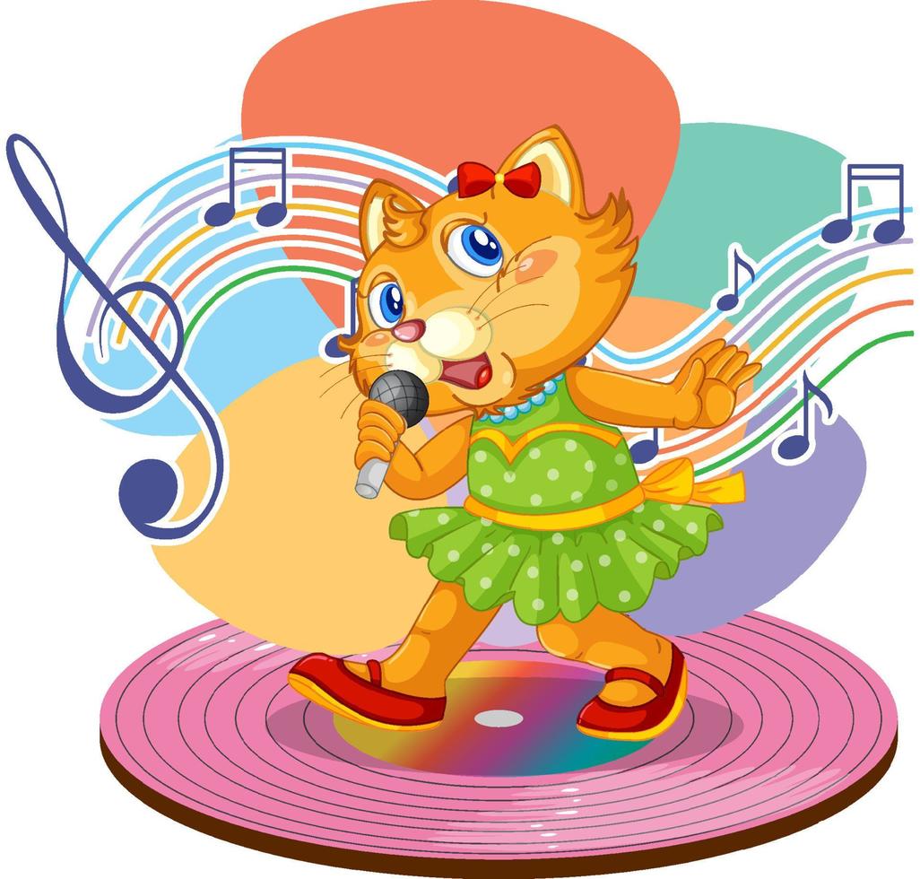 caricature de chat chanteur avec symboles de mélodie musicale vecteur