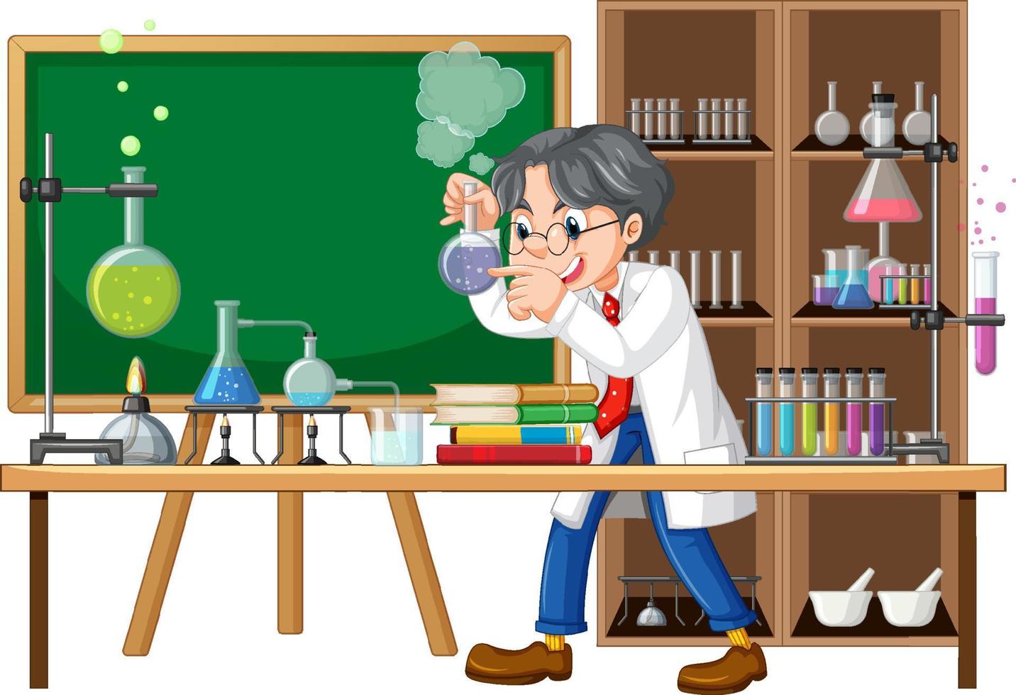 personnage de dessin animé scientifique avec des objets de laboratoire scientifique vecteur