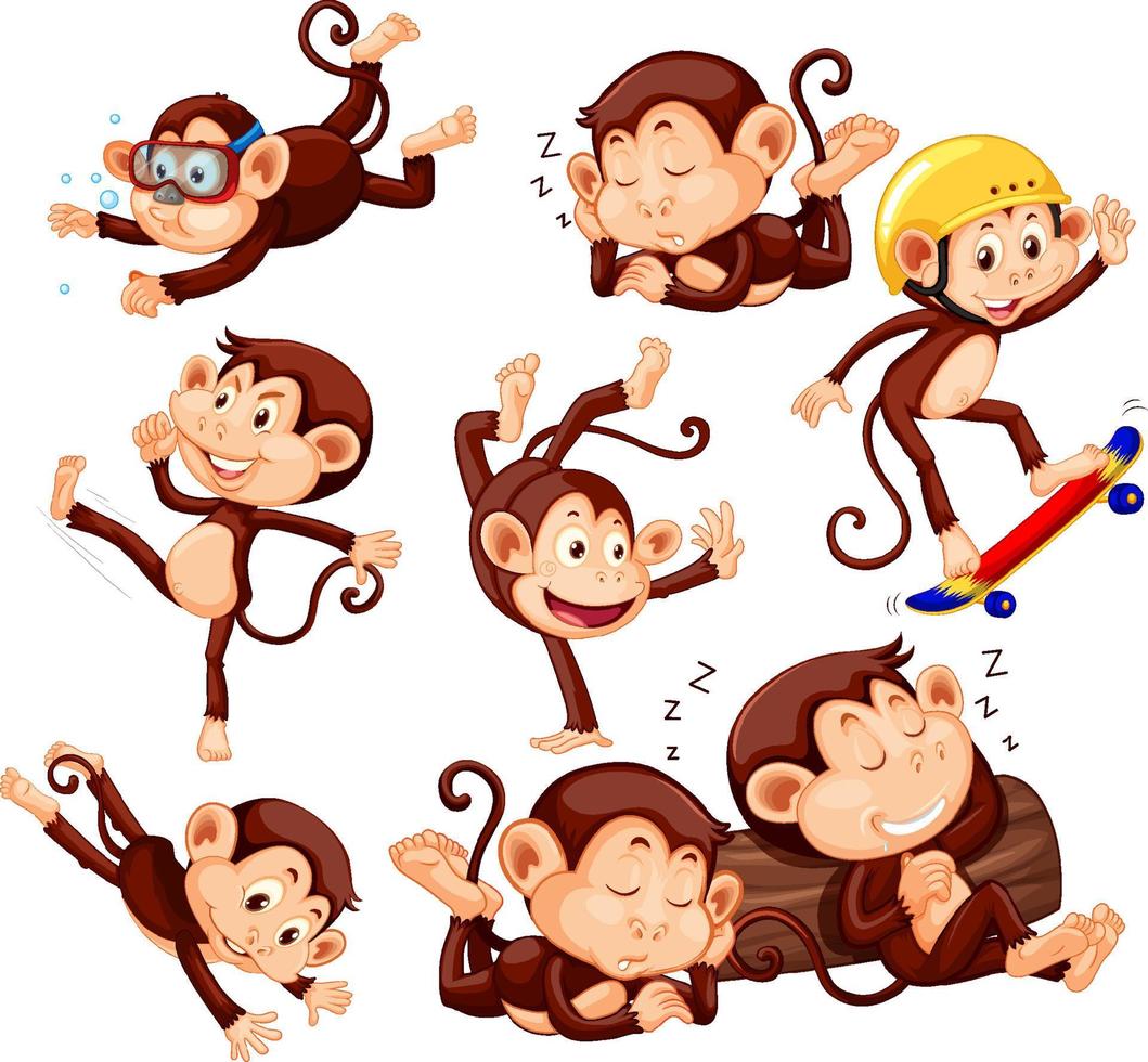 ensemble de poses différentes de personnages de dessins animés de singes vecteur