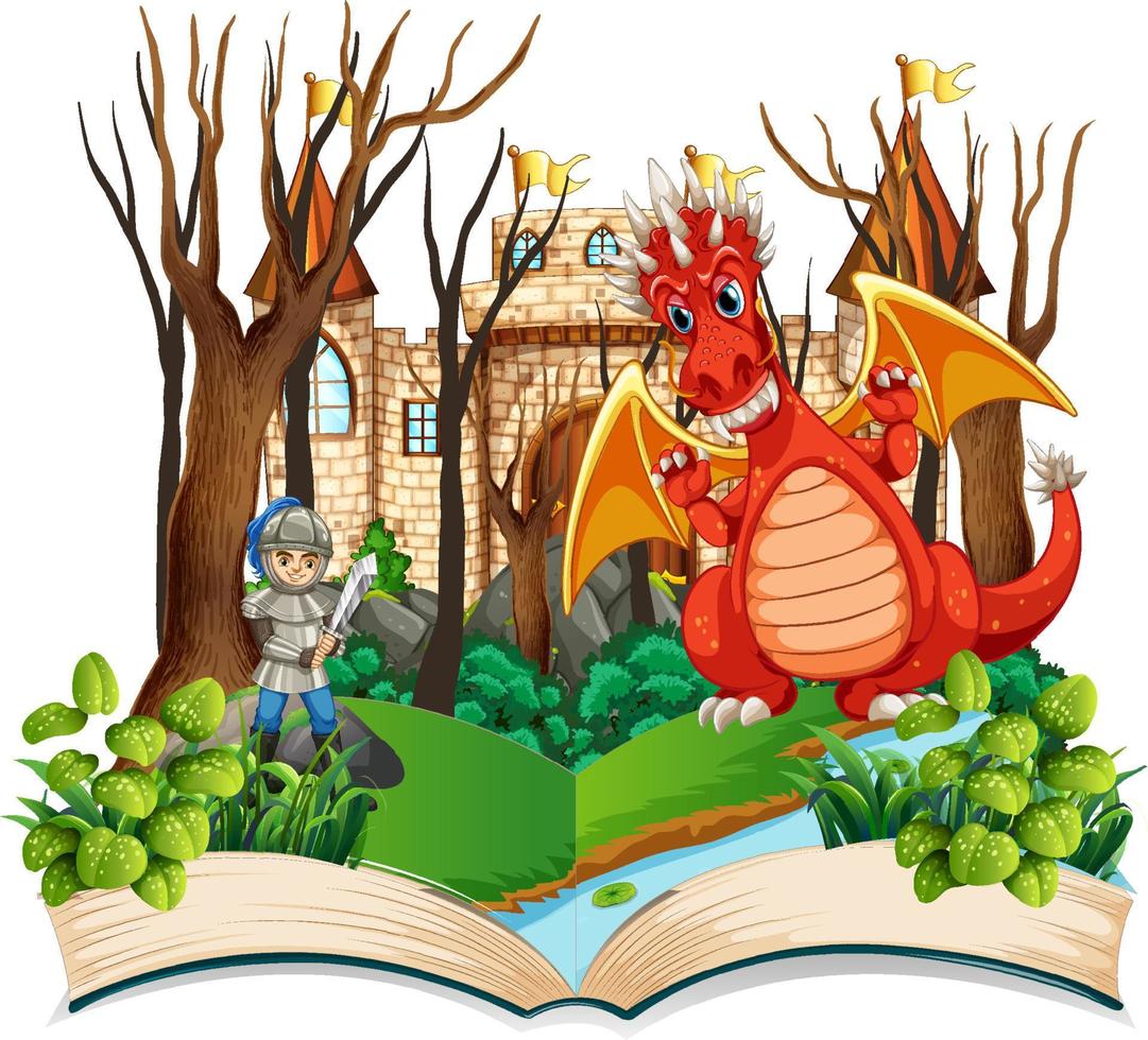 livre avec scène de combat de dragon et de chevalier vecteur