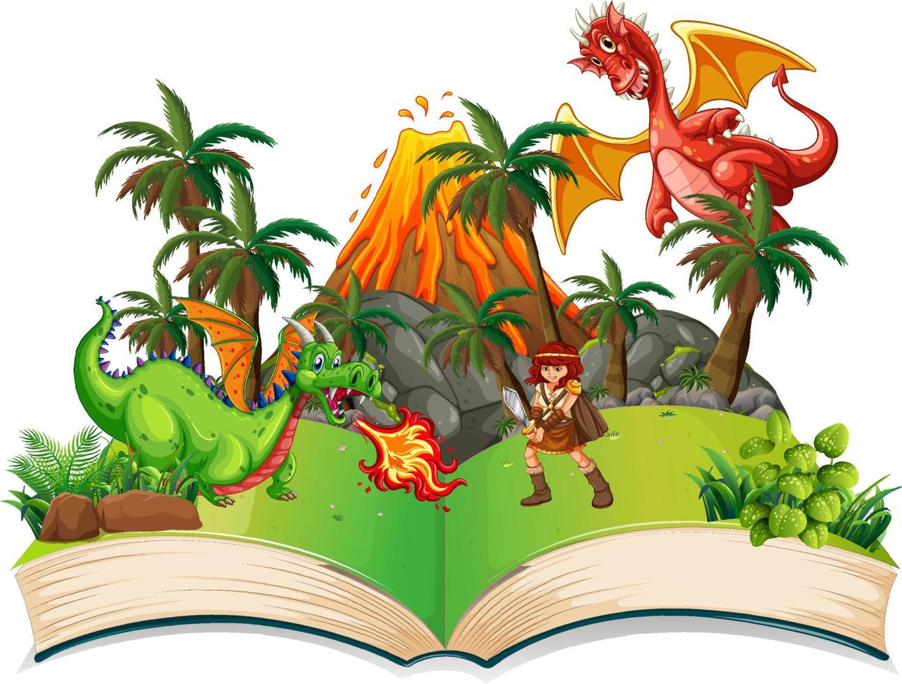 livre de contes avec chevalier et dragons vecteur