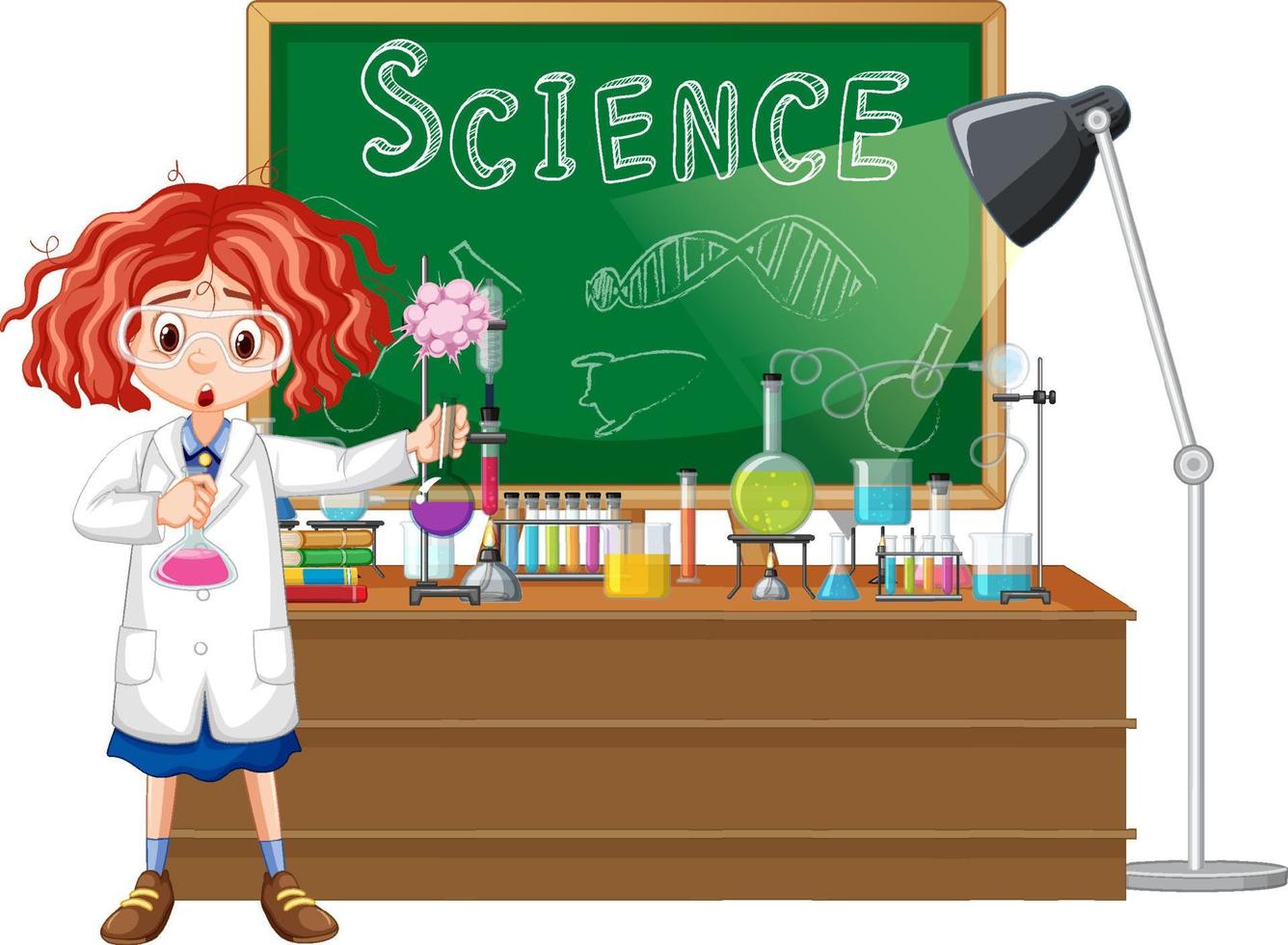personnage de dessin animé scientifique avec des objets de laboratoire scientifique vecteur