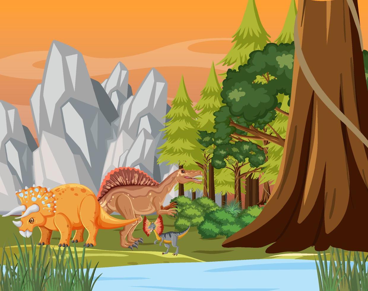 scène de la nature avec des arbres sur les montagnes avec dinosaure vecteur