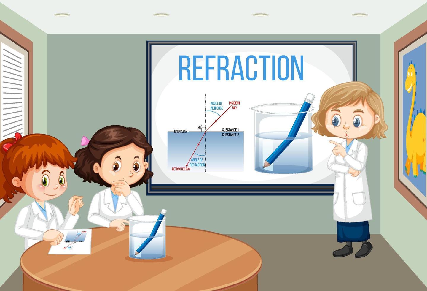 expérience scientifique de la réfraction avec un crayon dans un bécher d'eau vecteur