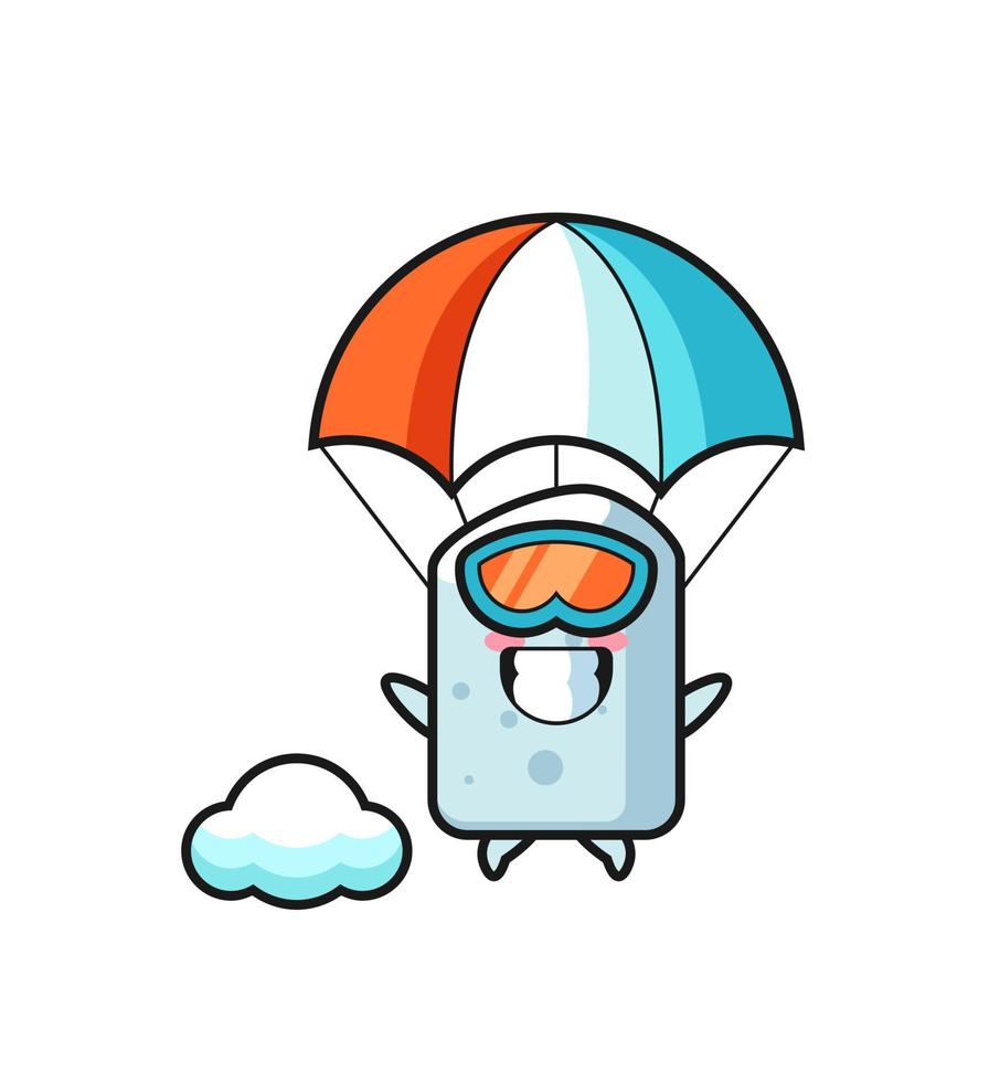 le dessin animé de mascotte de craie fait du parachutisme avec un geste heureux vecteur
