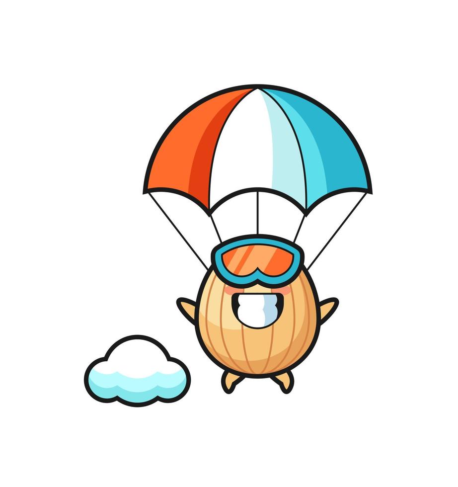 le dessin animé de la mascotte d'amande fait du parachutisme avec un geste heureux vecteur