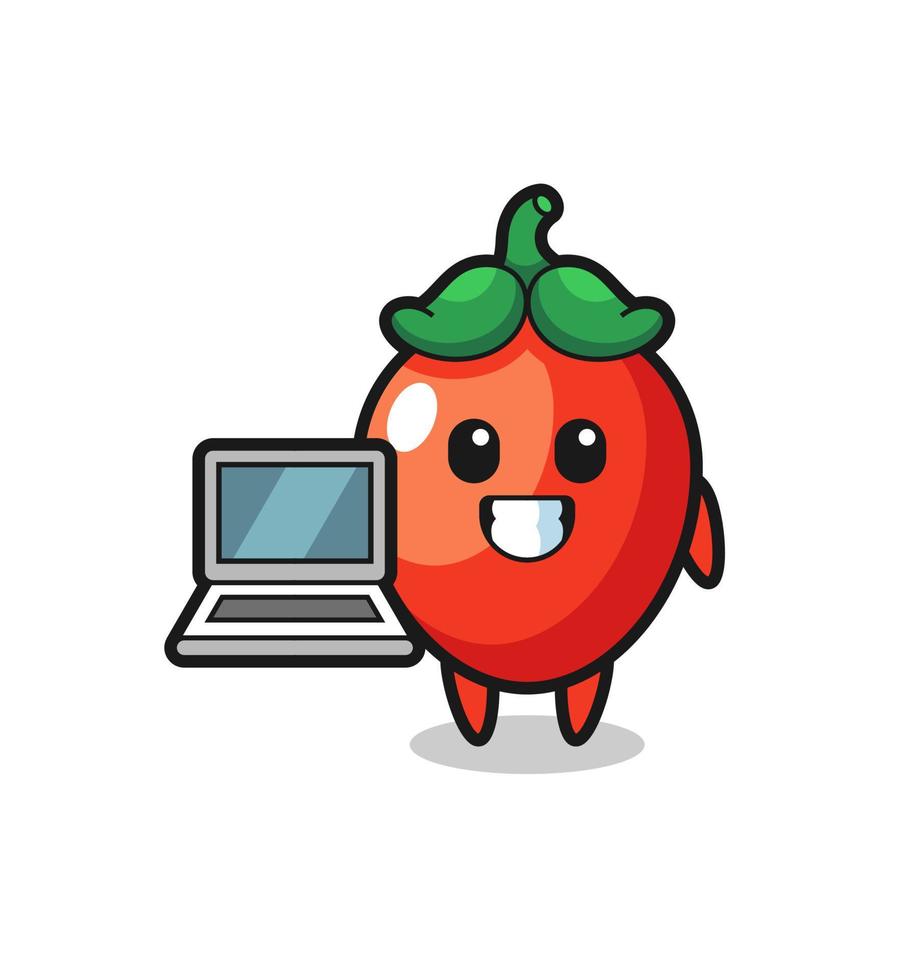 illustration de mascotte de piment avec un ordinateur portable vecteur