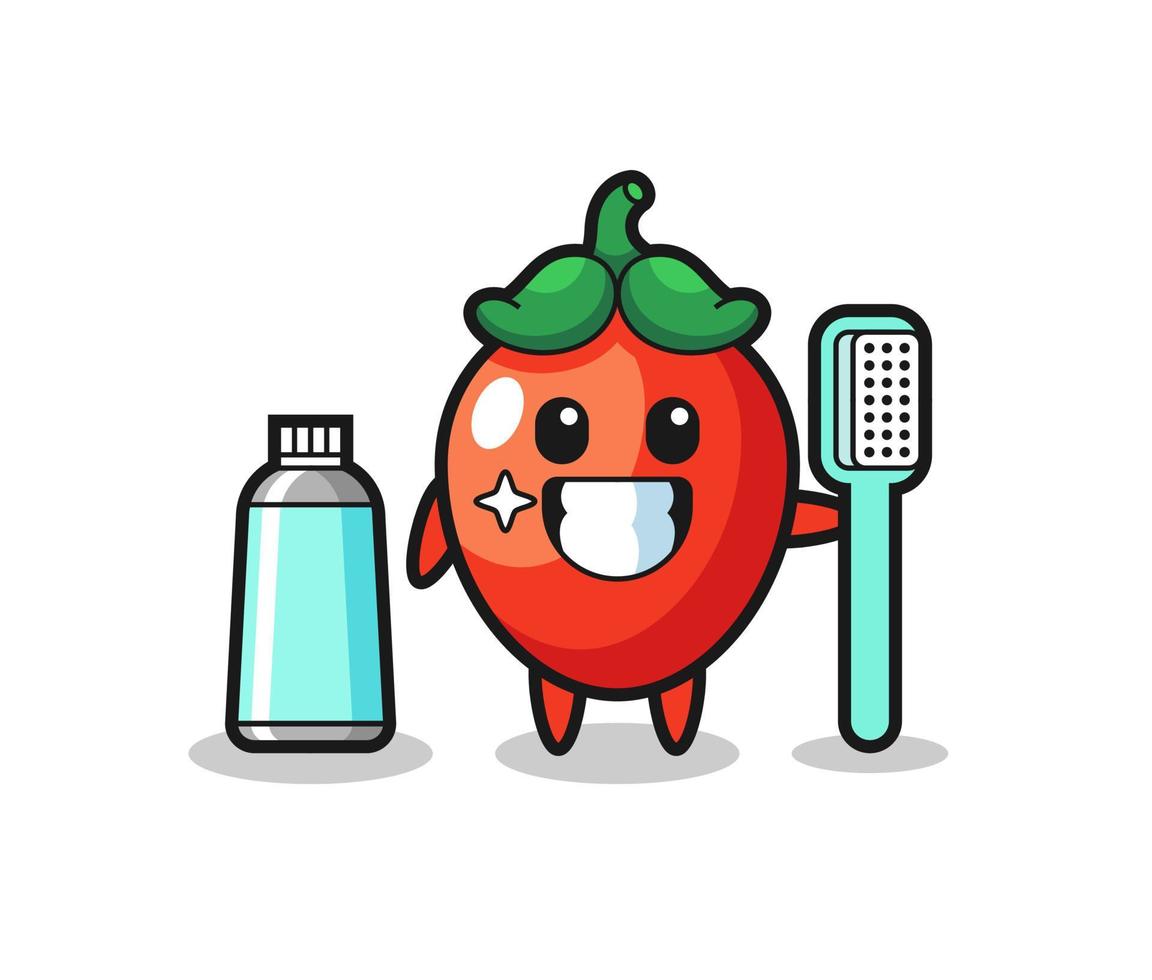 illustration de mascotte de piment avec une brosse à dents vecteur