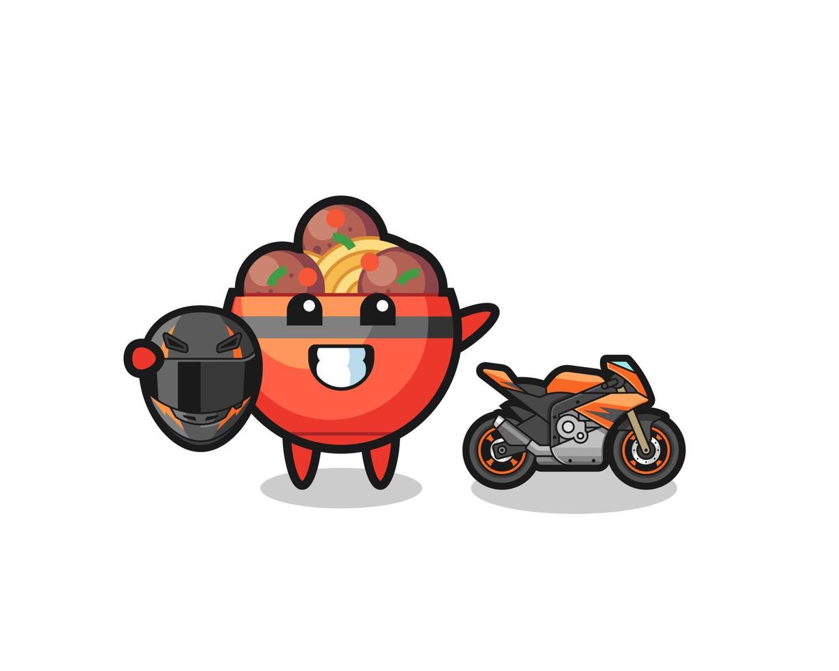 dessin animé mignon bol de boulettes de viande en tant que coureur de moto vecteur