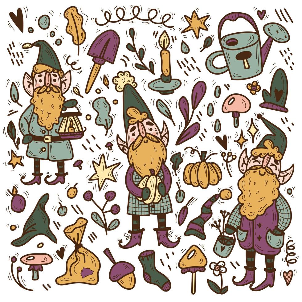 illustration de jeu de doodle de nains de jardin. adorables nains avec barbe décoration de jardin amusante, adorables nains avec lanterne, arrosoir, citrouilles, feuilles et fleurs. personnage de dessin animé avec pelle, champignon. vecteur