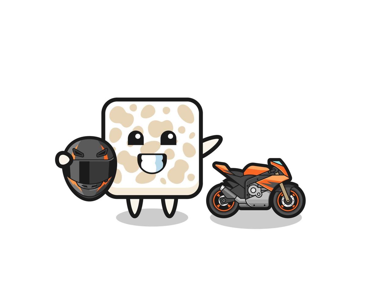 dessin animé mignon de tempeh en tant que coureur de moto vecteur
