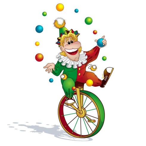 jongleur de clown en costume rouge-vert et une casquette jongle avec des balles vecteur