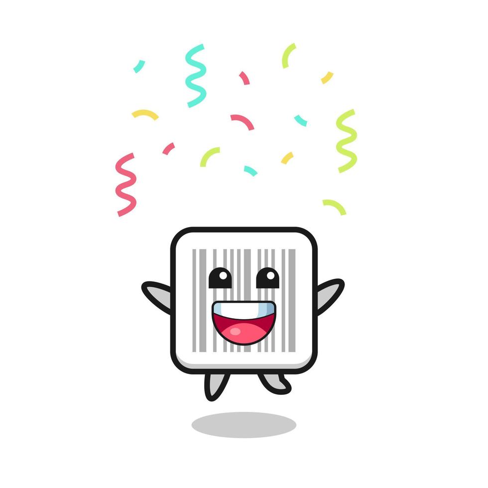 mascotte de code-barres heureux sautant pour félicitation avec des confettis de couleur vecteur