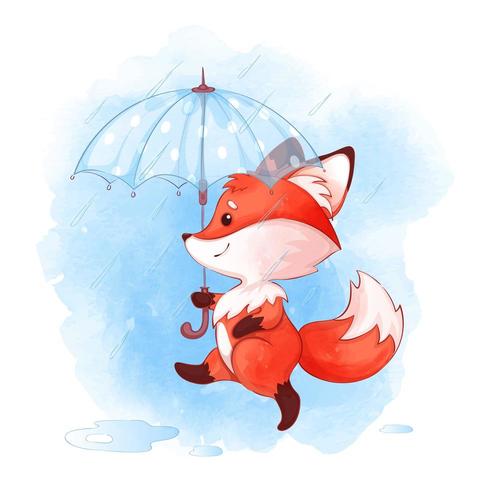 Renard roux marchant avec parapluie sous la pluie vecteur