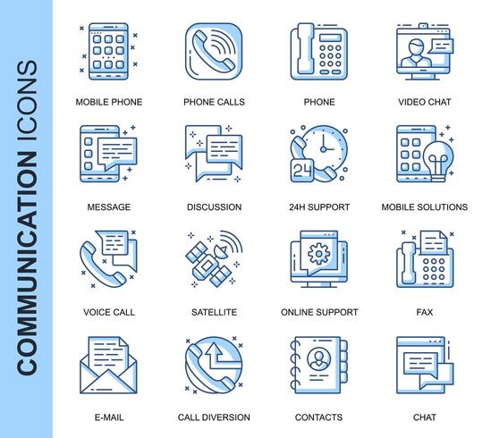 Blue Thin Line Communication Ensemble d&#39;icônes connexes vecteur