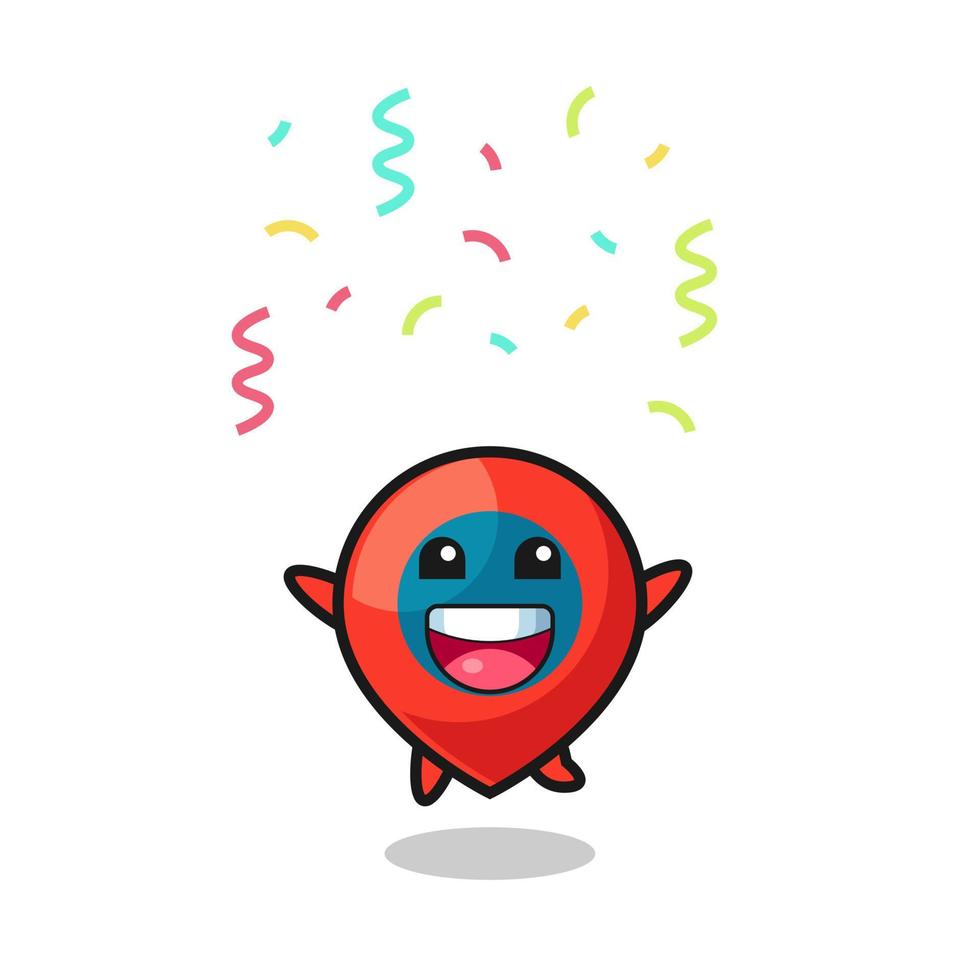 mascotte de symbole d'emplacement heureux sautant pour félicitation avec des confettis de couleur vecteur