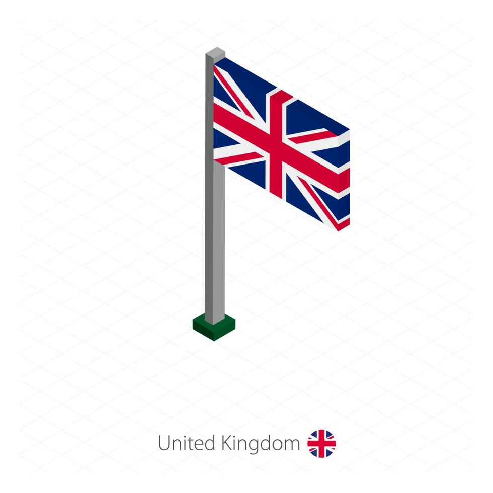 drapeau du royaume-uni sur mât en dimension isométrique. vecteur