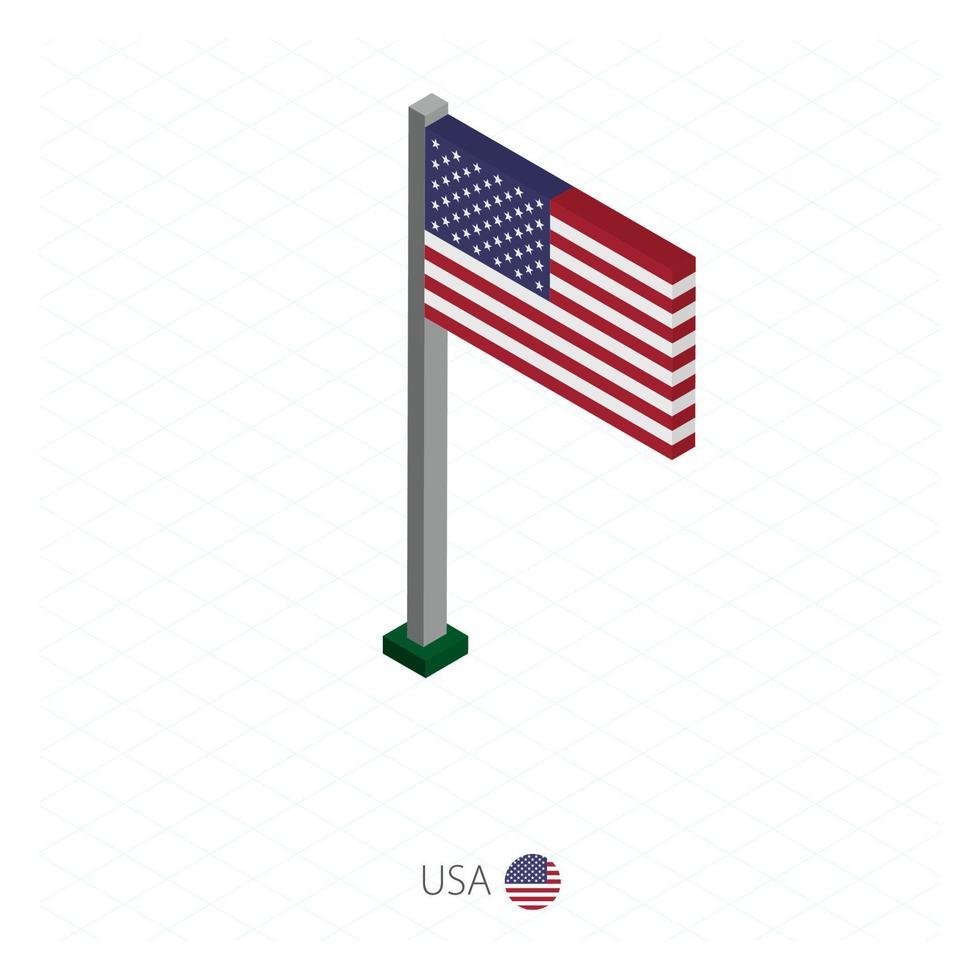 drapeau américain sur mât en dimension isométrique. vecteur