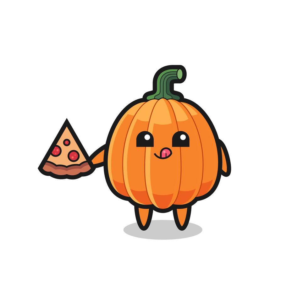 dessin animé mignon citrouille manger de la pizza vecteur