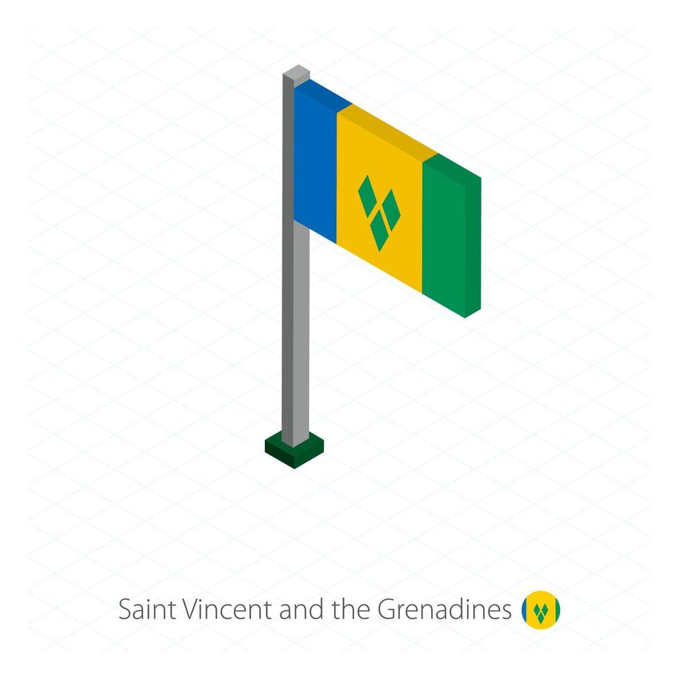 drapeau de saint-vincent-et-les grenadines sur mât en dimension isométrique. vecteur