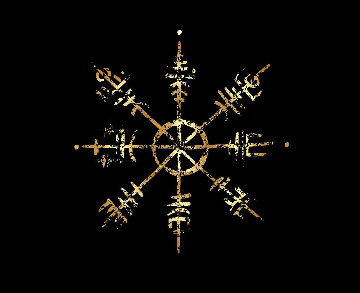 vegvisir boussole runique feuille d'or style de dessin au crayon, dessin à la main de symboles viking, nordique sacré, logo doré, symboles magiques runiques grunge, illustration vectorielle isolée sur fond noir vecteur