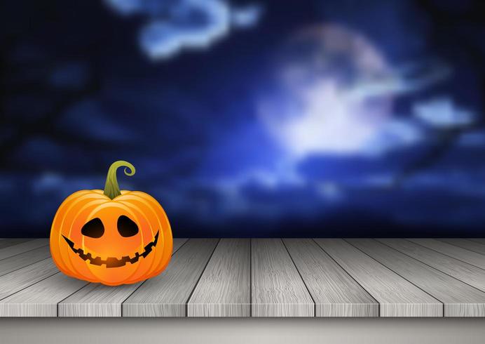 Fond d&#39;Halloween à la citrouille sur une table en bois contre un paysage fantasmagorique vecteur
